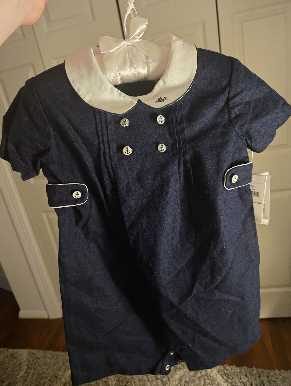 Ralph Lauren Navy Blue Baby Romper with White Peter Pan Collar